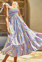 Load image into Gallery viewer, Striped Tie-Shoulder Smocked Tiered Dress
