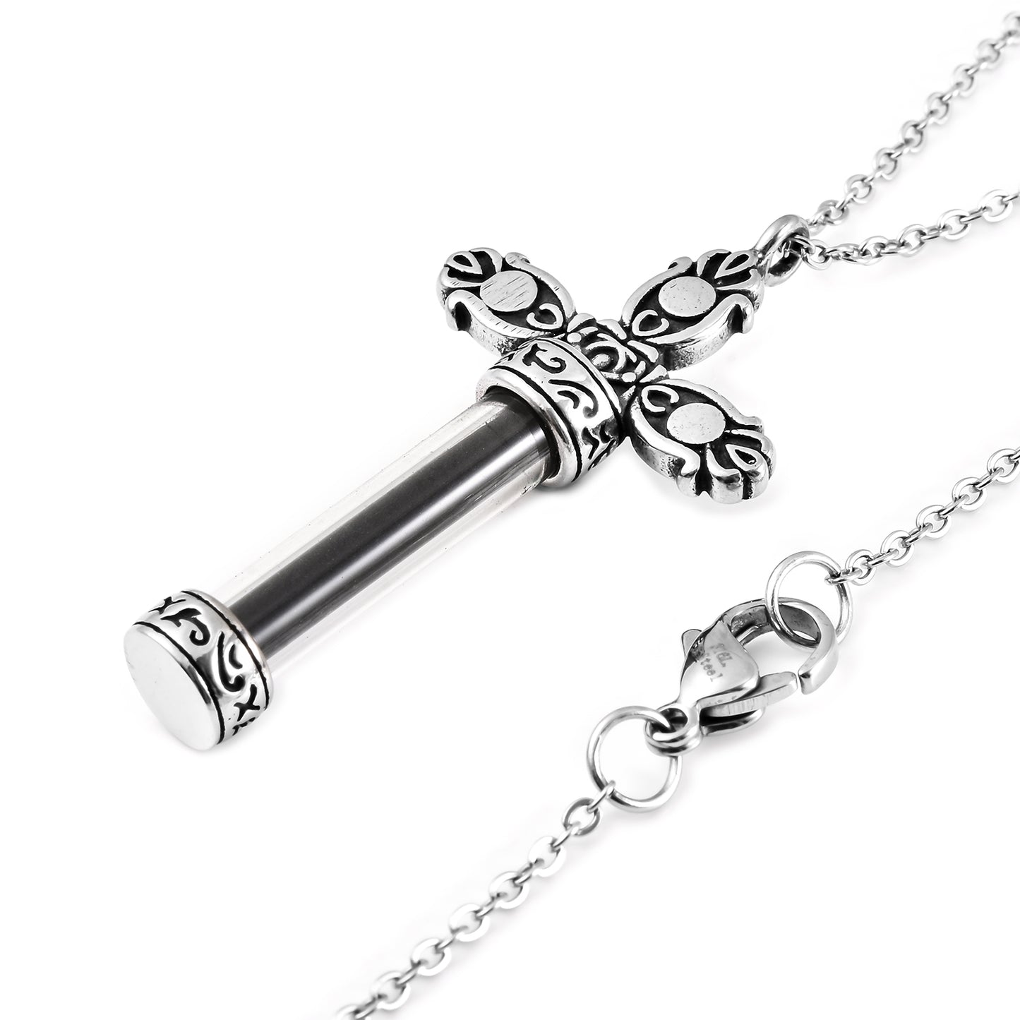 Shungite Austrian Crystal, Glass Cross Bottle Necklace 20 Inches