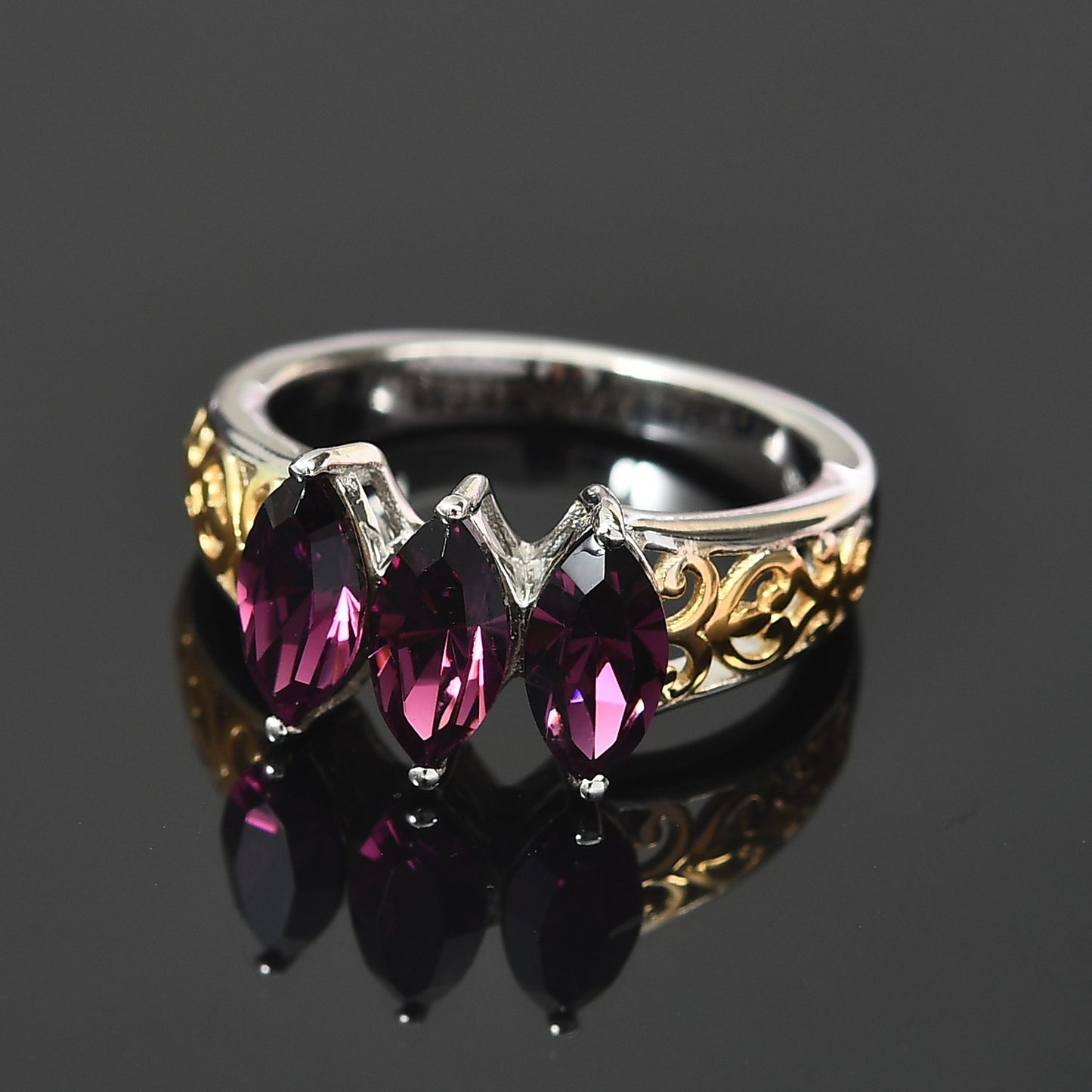 Foilback Amethyst Crystal 3 Stone Ring