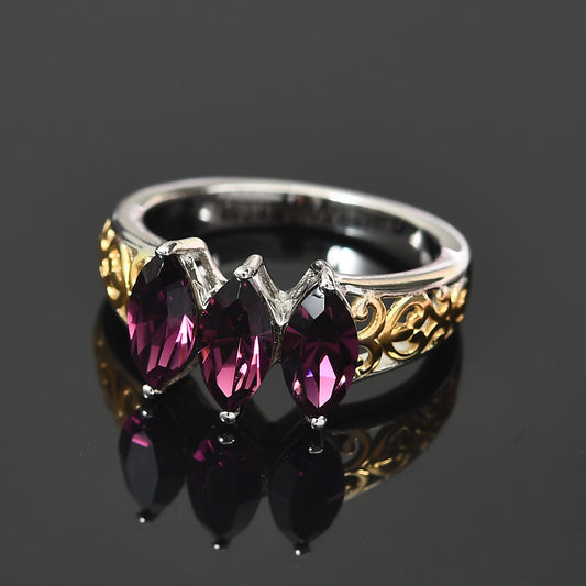 Foilback Amethyst Crystal 3 Stone Ring