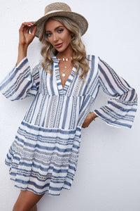 Babydoll Notched Neck Flare Sleeve Tiered Dress