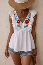 Load image into Gallery viewer, Embroidered Pom-Pom Trim Cap Sleeve Babydoll Top
