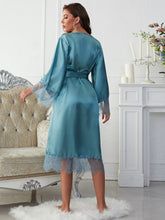 Load image into Gallery viewer, Scalloped Trim Tie-Waist Spliced Lace Robe
