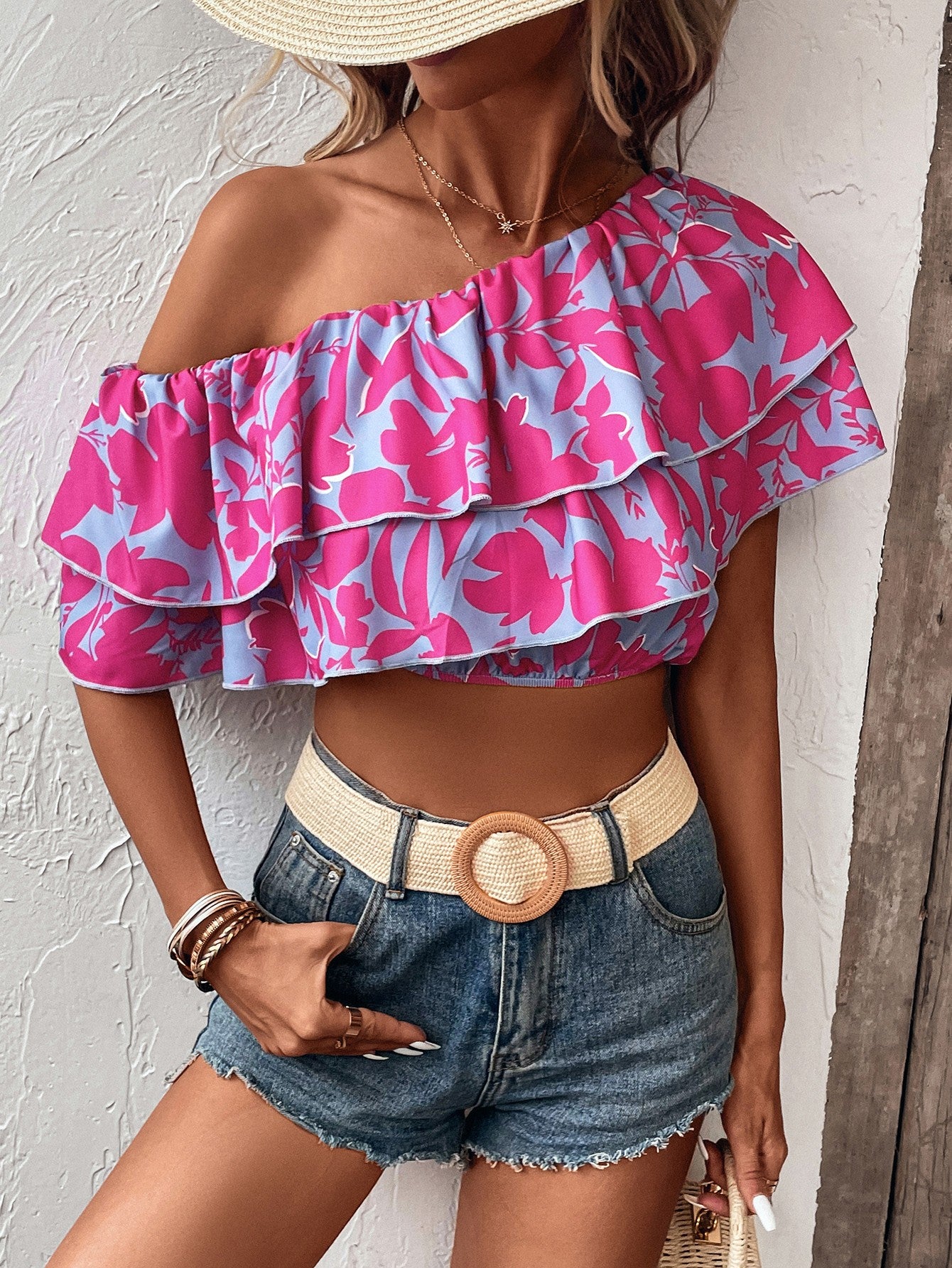 Layered One Shoulder Cropped Blouse