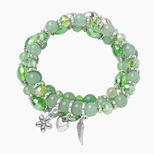 Set of 3 Green Aventurine and Simulated Green Diamond Beaded Stretch Charm Bracelet