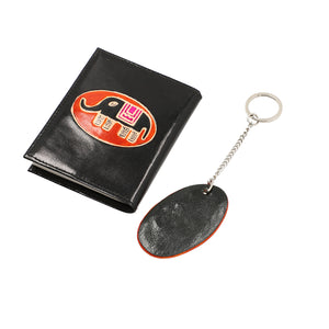 Black 100% Genuine Leather Elephant Embossed Hand Painted Keychain and Diary