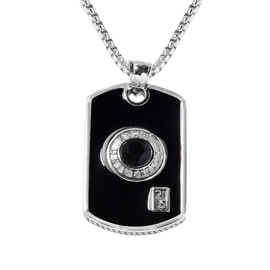 Black Agate Enameled Men's Pendant Necklace in Stainless Steel - 1.80 CTW