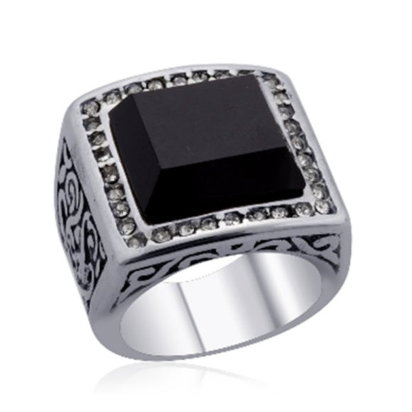 Black Agate and White Austrian Crystal Sterling Silver Ring