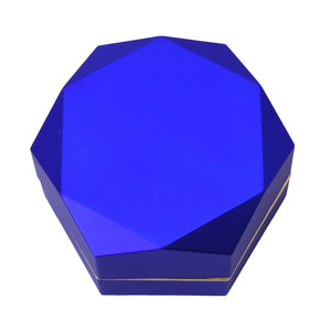 Blue Velvet Octagonal Shape LED Light Ring and Earrings Box with Gold Rim