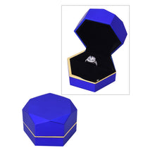 Load image into Gallery viewer, Blue Velvet Octagonal Shape LED Light Ring and Earrings Box with Gold Rim
