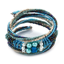 Load image into Gallery viewer, Blue and Cream Seed Bead, Glass Pearl Earrings, Neckwire and Wrap Bracelet
