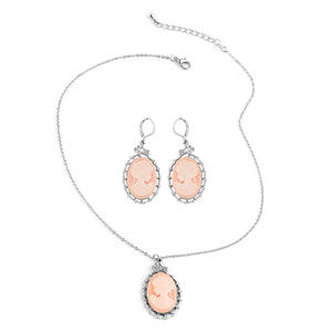 Cameo Necklace and Earring Set in Blue Teal or Blush Pink