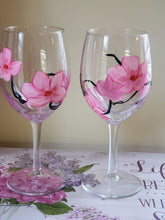 Load image into Gallery viewer, Set of 2 Hand Painted Cherry Blossom Wine Glasses Wine Glass Whimsicalia 
