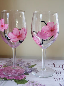 Set of 2 Hand Painted Cherry Blossom Wine Glasses Wine Glass Whimsicalia 