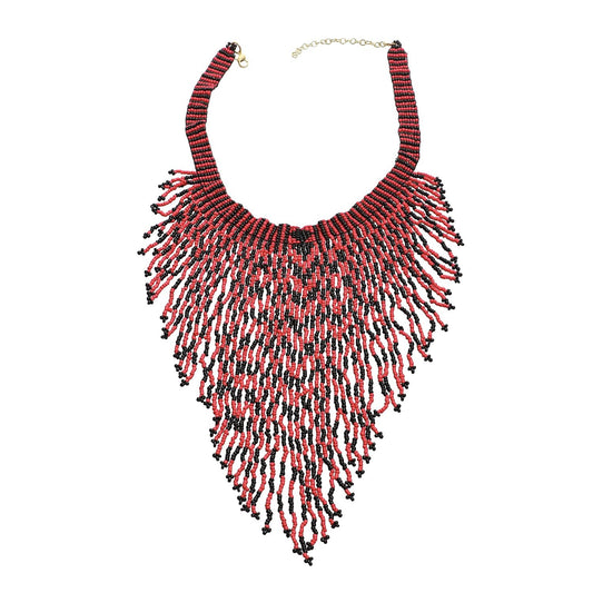 American Native Coral Glass Seed Beaded Necklace