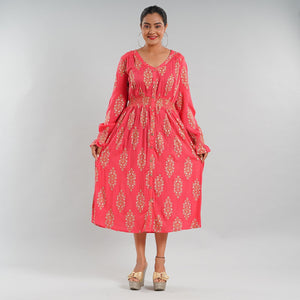 Coral or Navy Rayon Button Front Midi Dress with Smocking