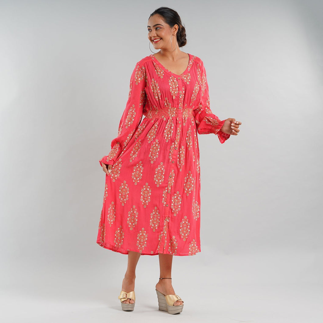 Coral or Navy Rayon Button Front Midi Dress with Smocking