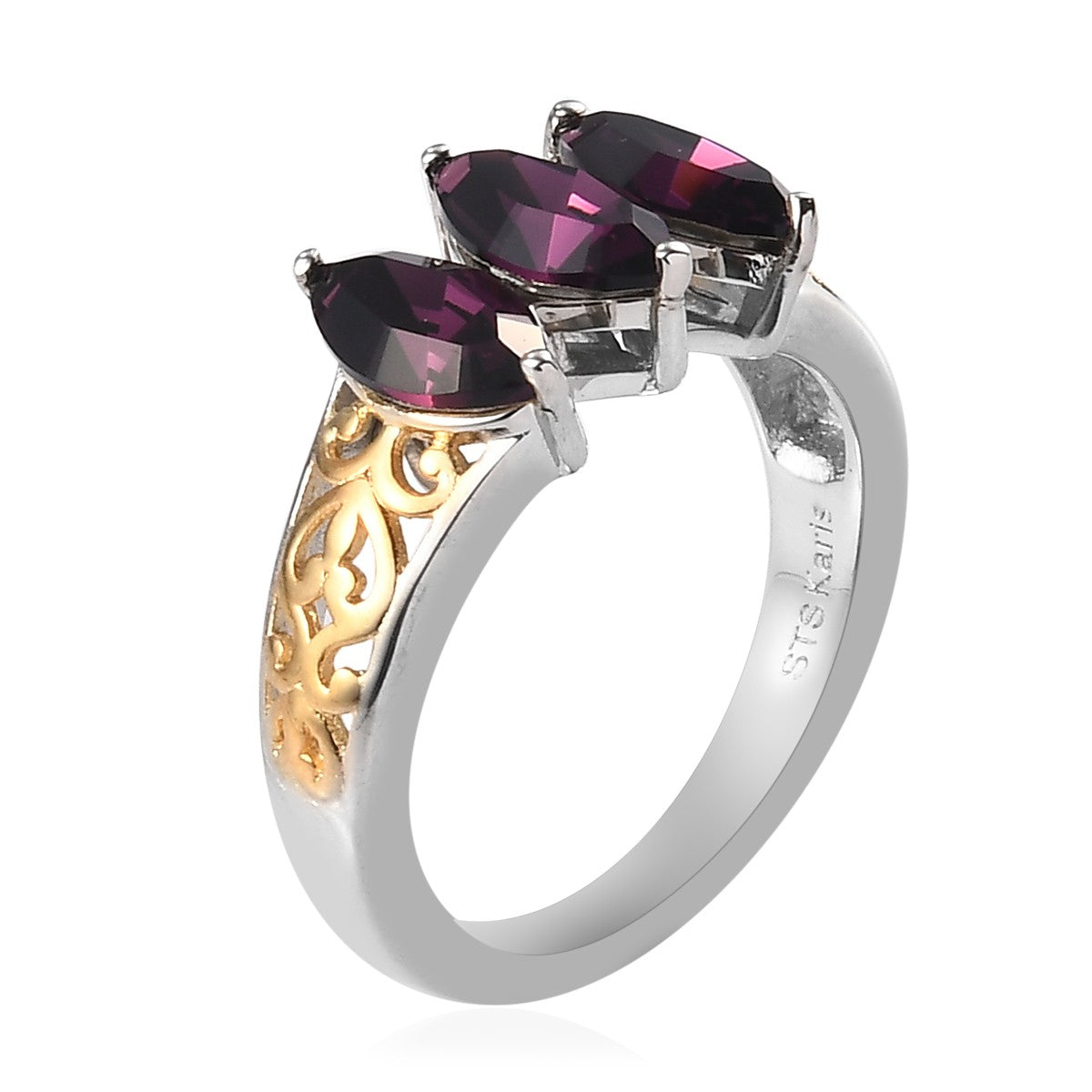 Foilback Amethyst Crystal 3 Stone Ring