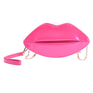 Dark Pink Faux Leather Iconic Lips Clutch Bagwith Shoulder Strap