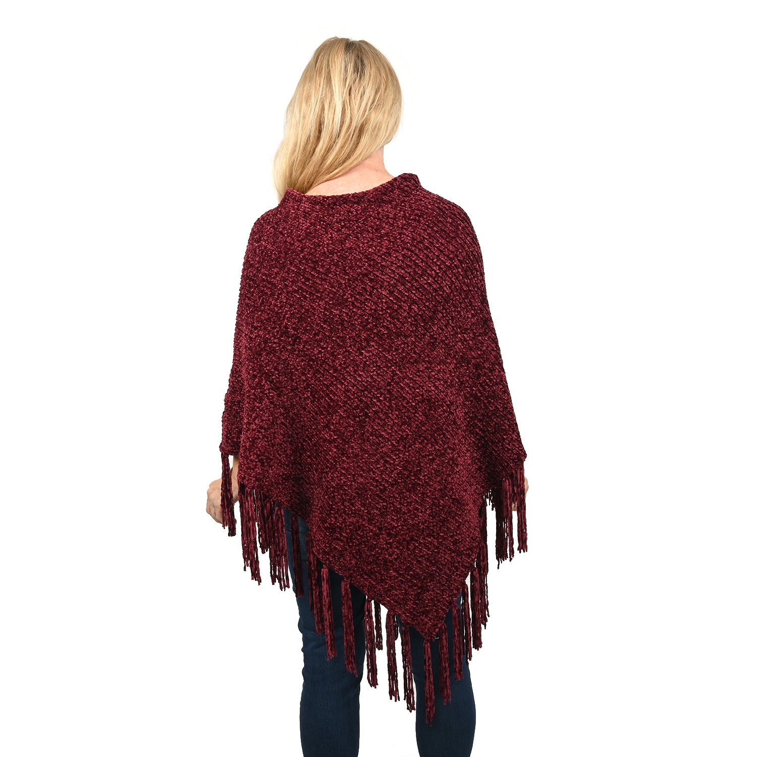 Designer Inspired Perfect Fall Winter Soft Chenille Poncho with Fringe Burgundy L/XL