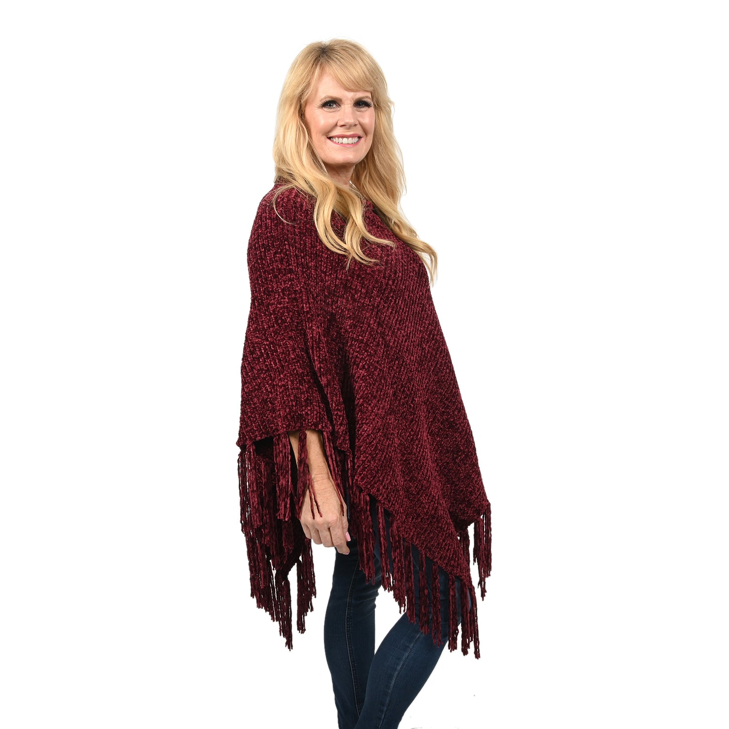 Designer Inspired Perfect Fall Winter Soft Chenille Poncho with Fringe Burgundy L/XL