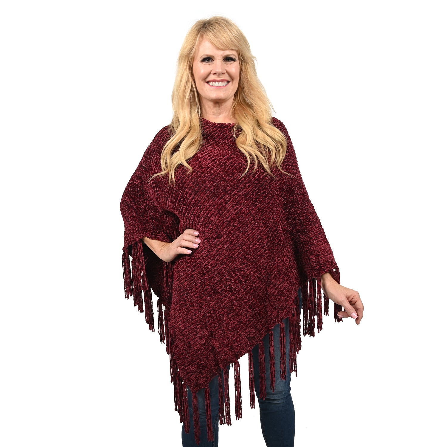 Designer Inspired Perfect Fall Winter Soft Chenille Poncho with Fringe Burgundy L/XL