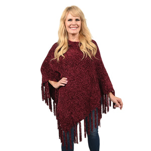 Designer Inspired Perfect Fall Winter Soft Chenille Poncho with Fringe Burgundy L/XL
