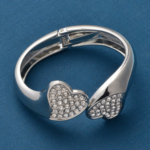 Double Heart Open End Cuff Bracelet in Silver, Gold or Rosetone