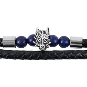 Men's Black Leather Dragon's Head and Lapis Lazuli Bracelet