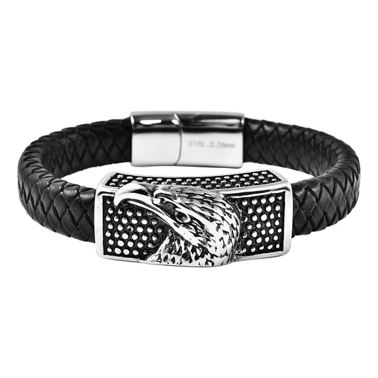 Men's Eagle Bracelet in Genuine Leather and Black Oxidized Stainless Steel