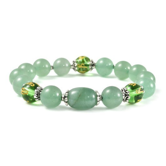 Feng Sui Green Aventurine and Engraved Green Glass Beaded Bracelet