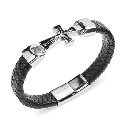 Genuine Leather Braided Strand Cross Bracelet Unisex