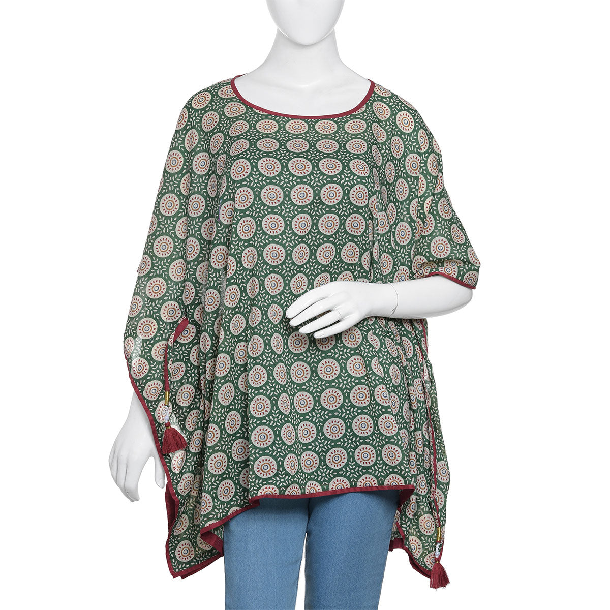 100% Cotton Green Hand Blocked Printed Kaftan