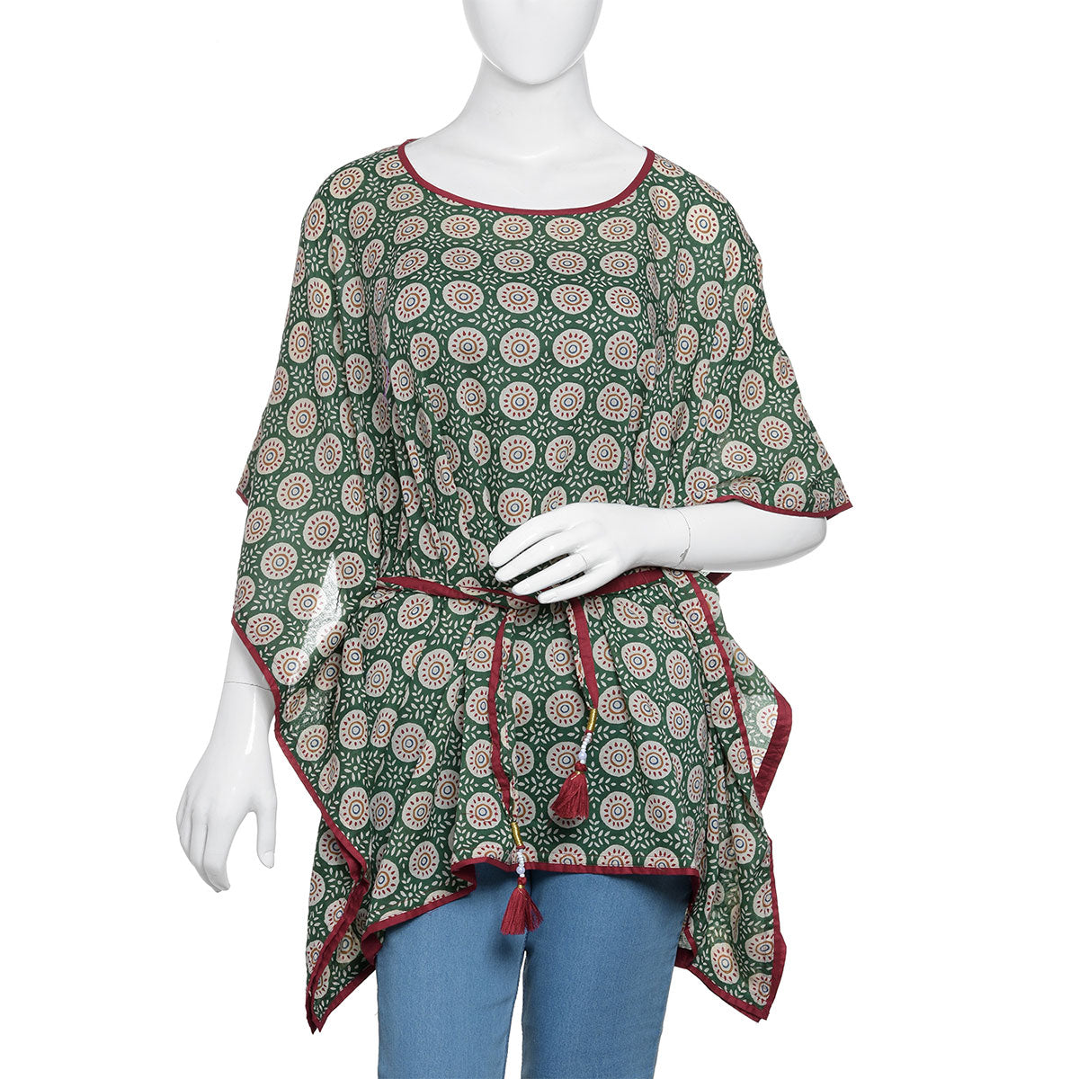 100% Cotton Green Hand Blocked Printed Kaftan