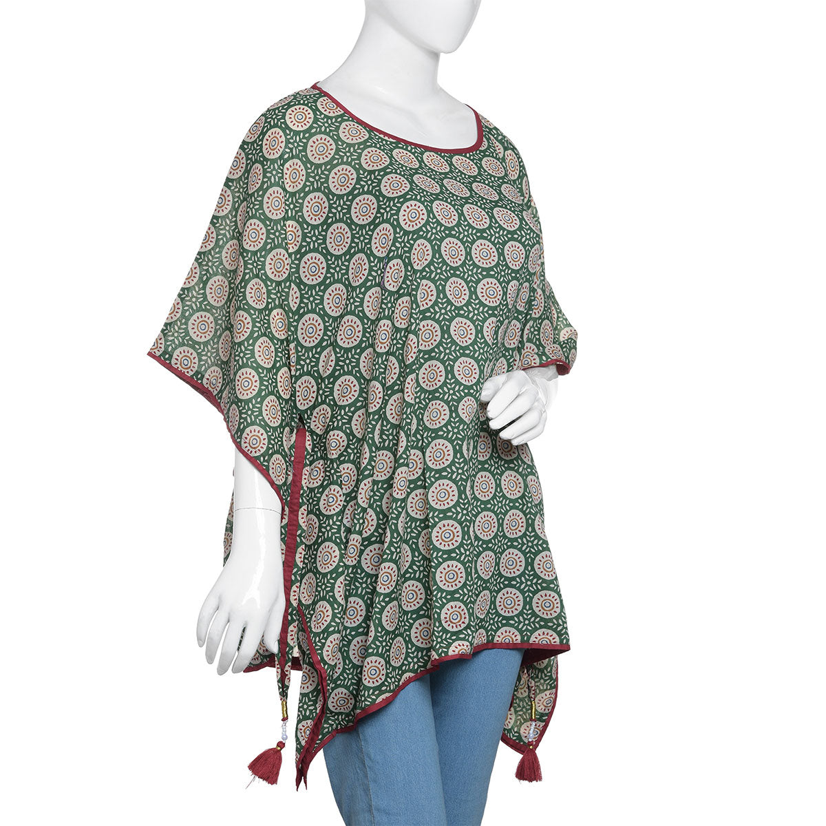 100% Cotton Green Hand Blocked Printed Kaftan