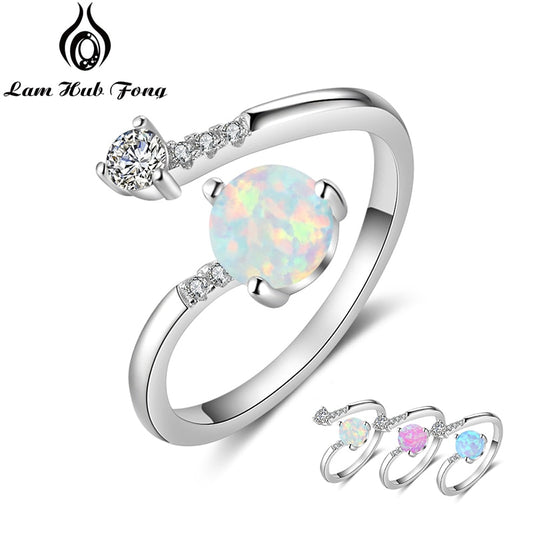 Silver Color Women's Rings Cubic Zirconia Adjustable Wrap Ring With Created Round Blue Opal Wedding Fashion Jewelry for Women