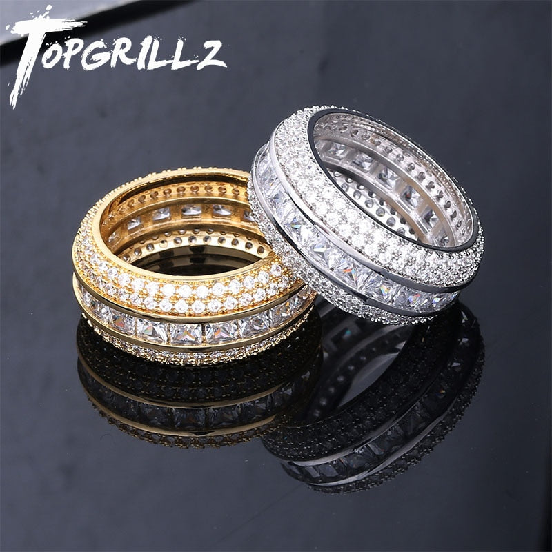 TOPGRILLZ Baguette Zircon Men's Ring Copper Material Charm Gold Silver Color AAA Cubic Zircon Iced RING Fashion Hip Hop Jewelry