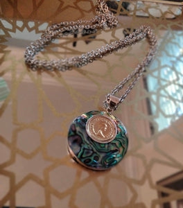 Unisex Abalone Shell Coin Pendant in Sterling Silver  With Free Premium  Chain