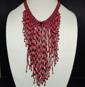 American Native Coral Glass Seed Beaded Necklace