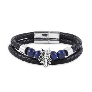 Men's Black Leather Dragon's Head and Lapis Lazuli Bracelet