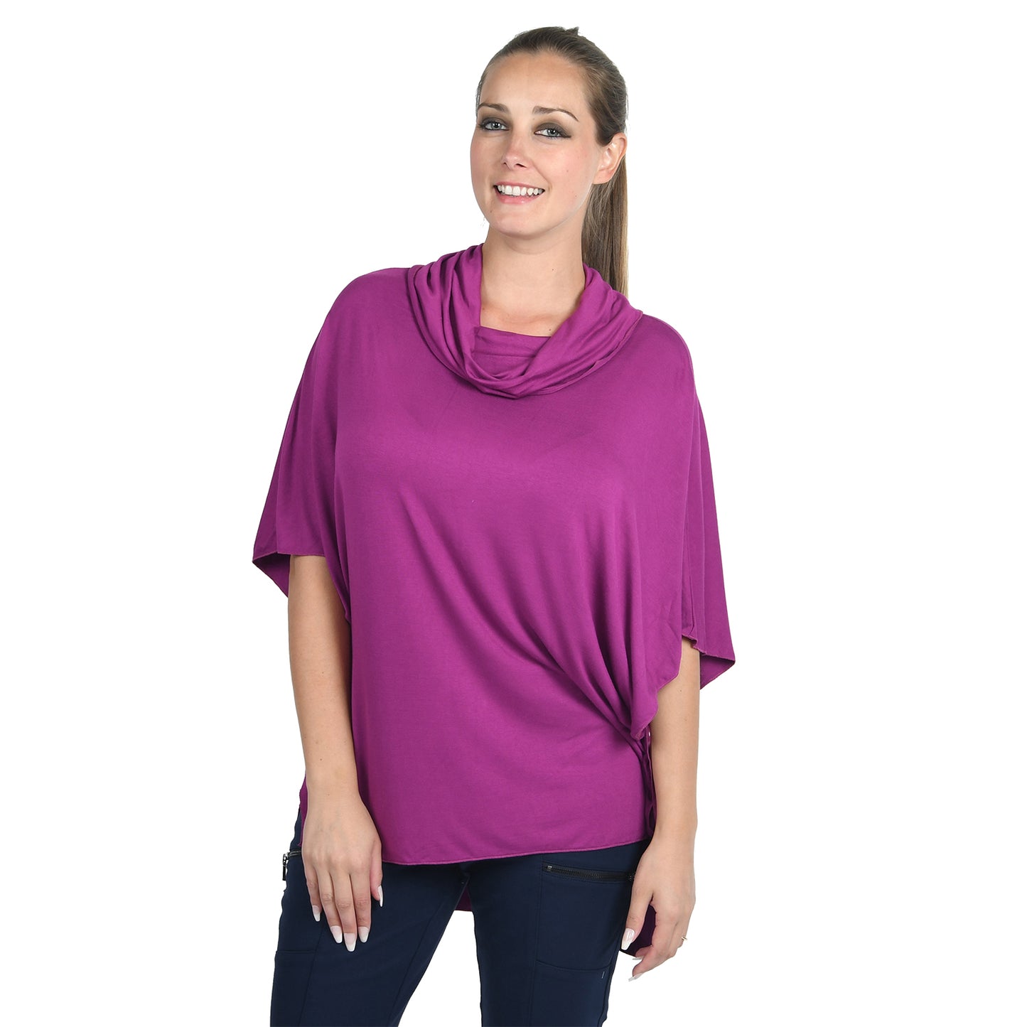 Viscose Blue or Magenta Loose Drape Cowl Neck Top