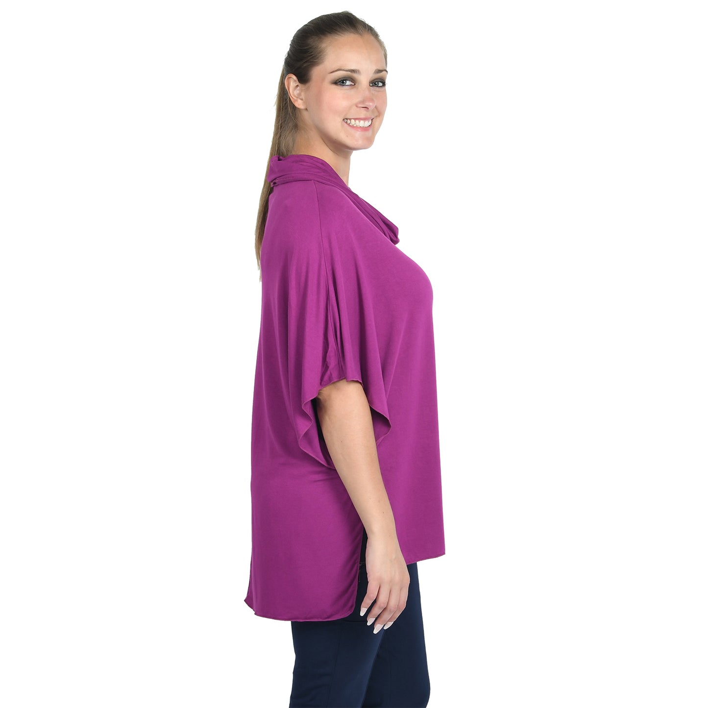 Viscose Blue or Magenta Loose Drape Cowl Neck Top