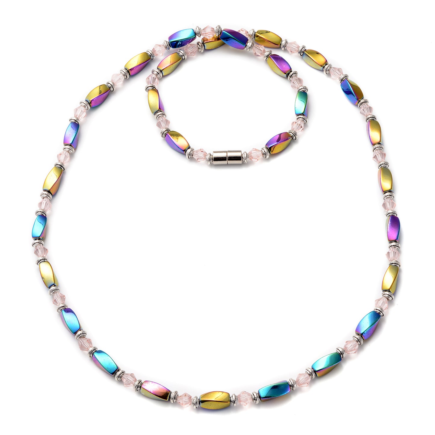 Magic Color Hematite and Pink Glass Beaded Necklace 28 Inches
