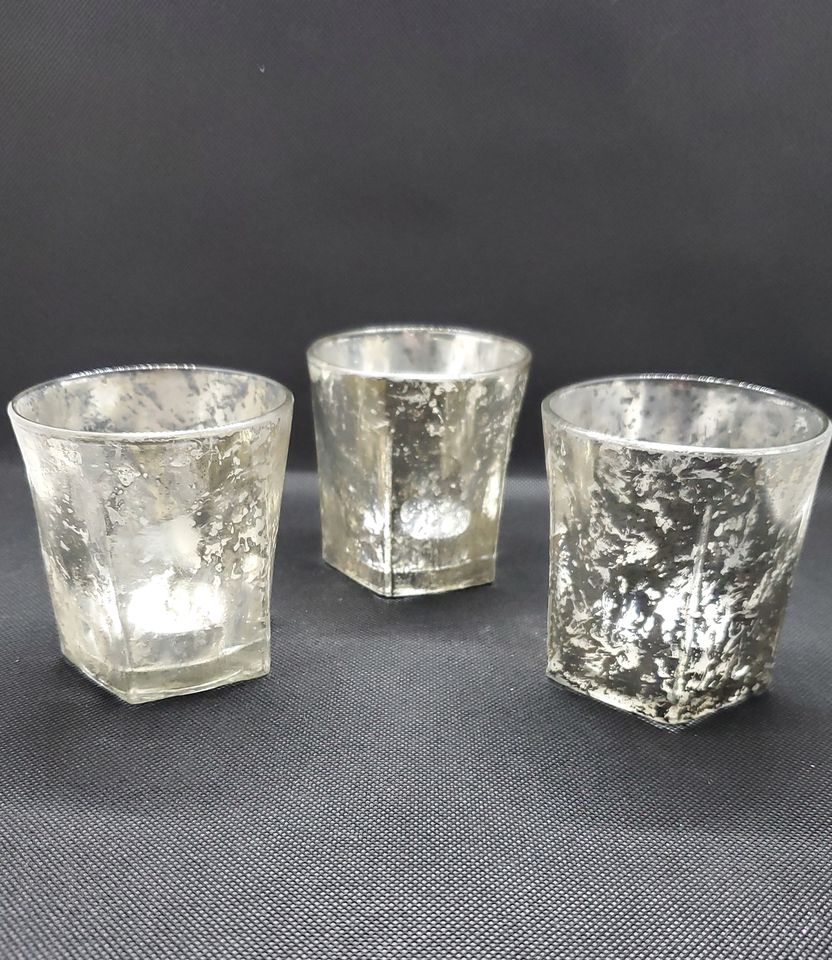 Mercury Glass Vintage Crackle Candle Holders with Tea Light Candle Set of 3