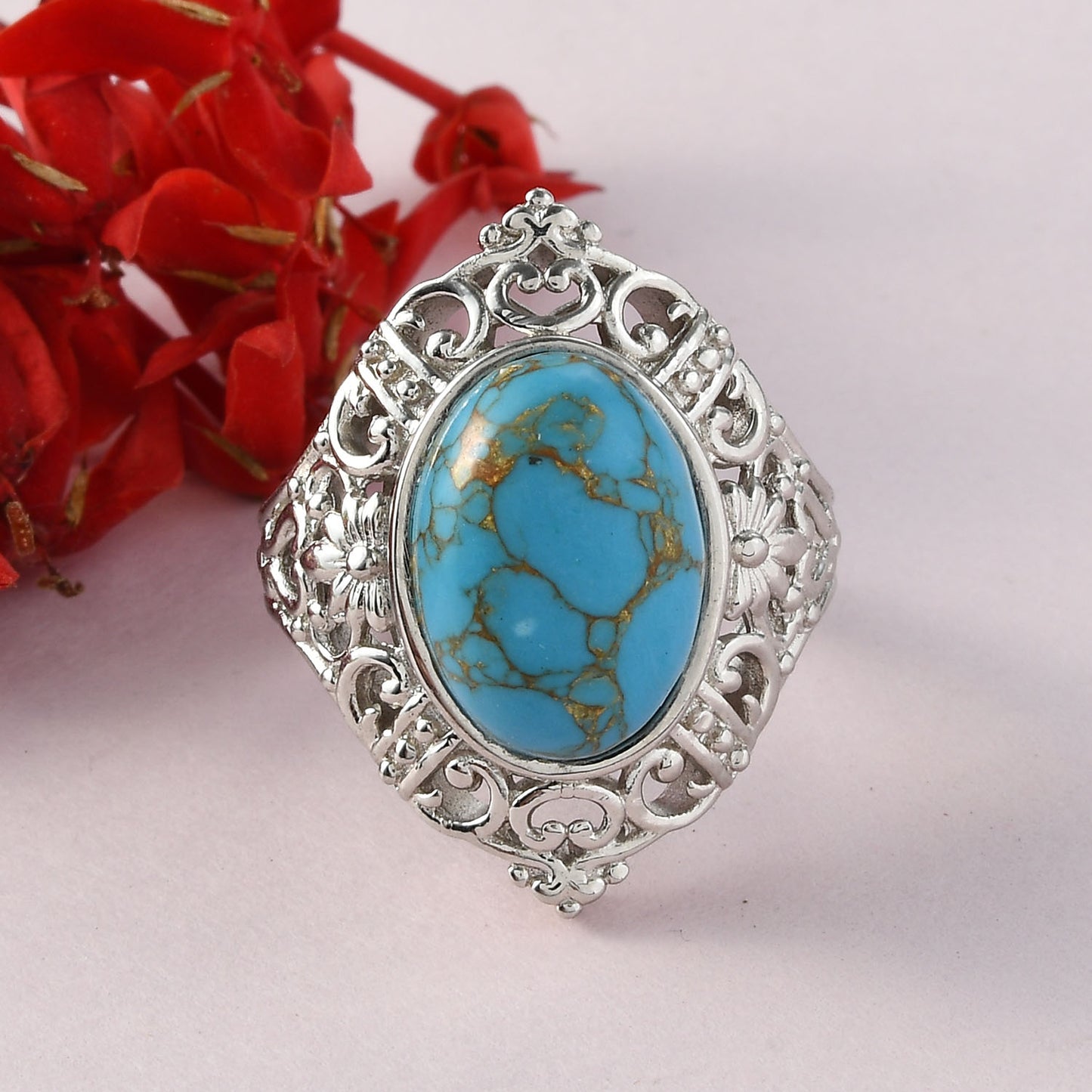 Native American Mojave Blue Turquoise Ring in Platinum Size 8