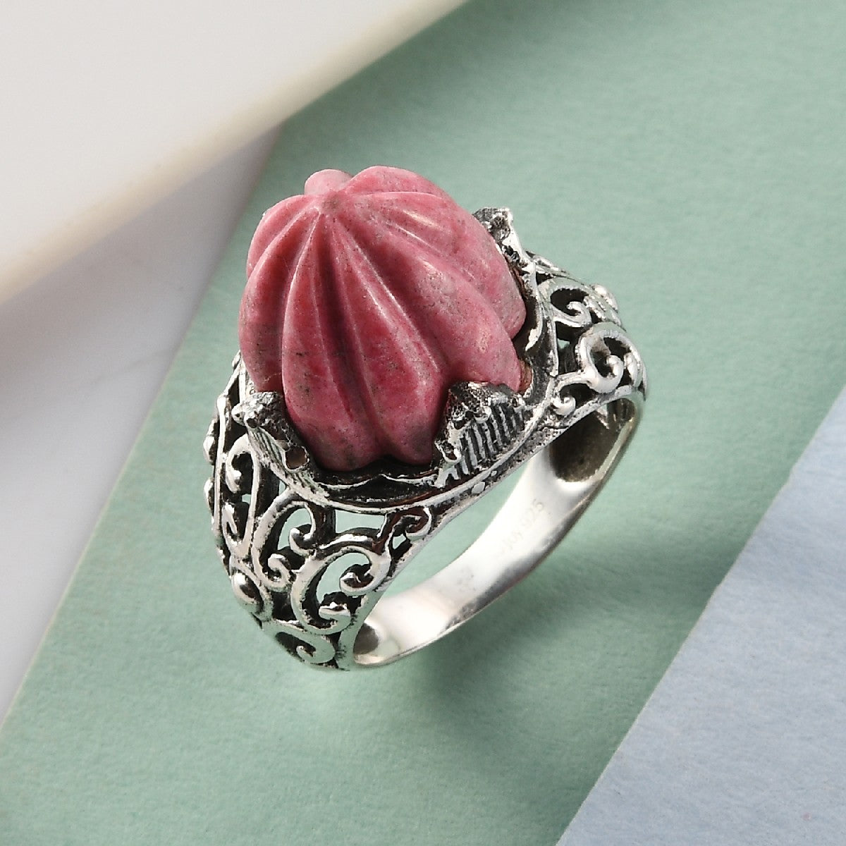 Norwegian Thulite Carved Ring in Sterling Silver