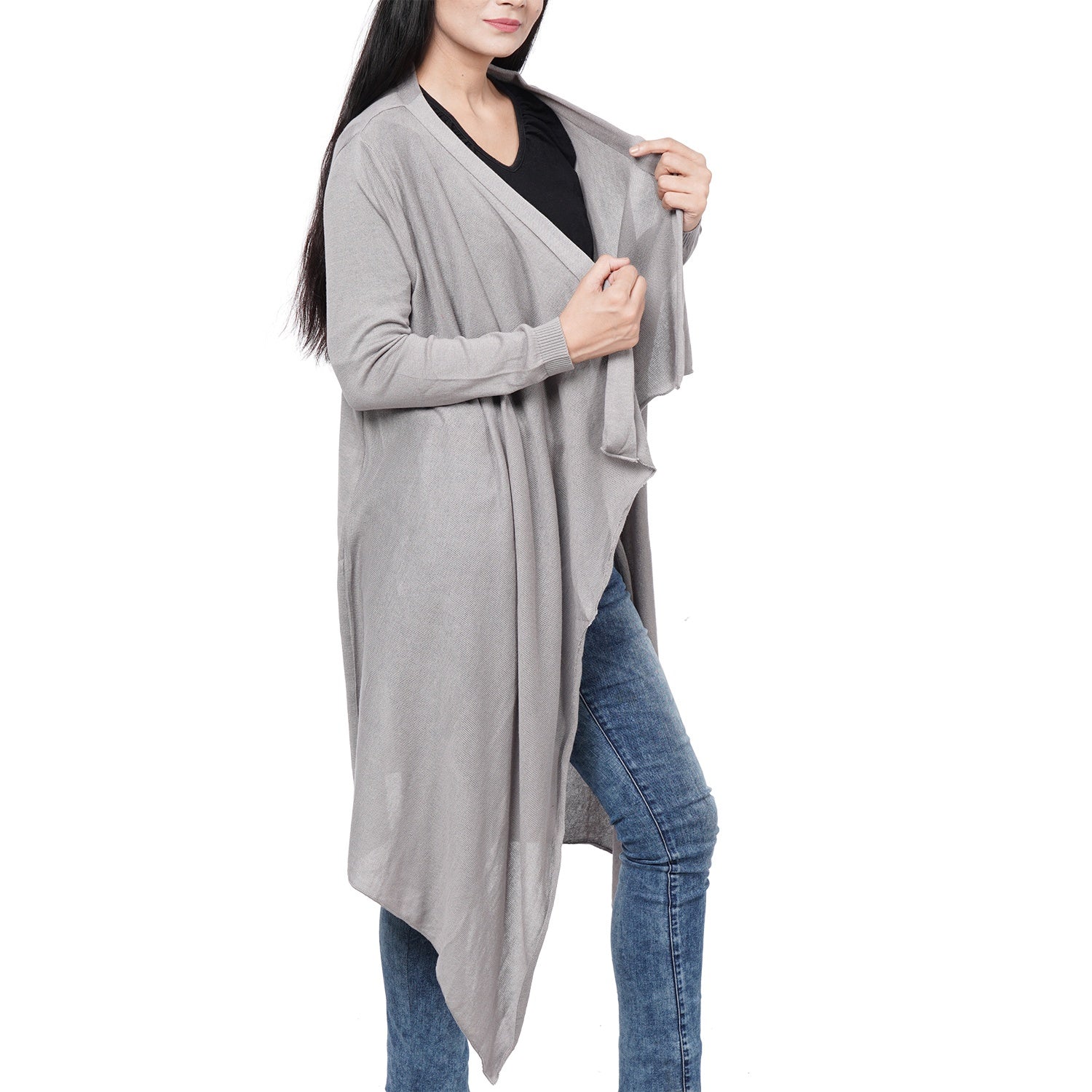 100% Cotton Knit Long Sleeve Waterfall Cardigan