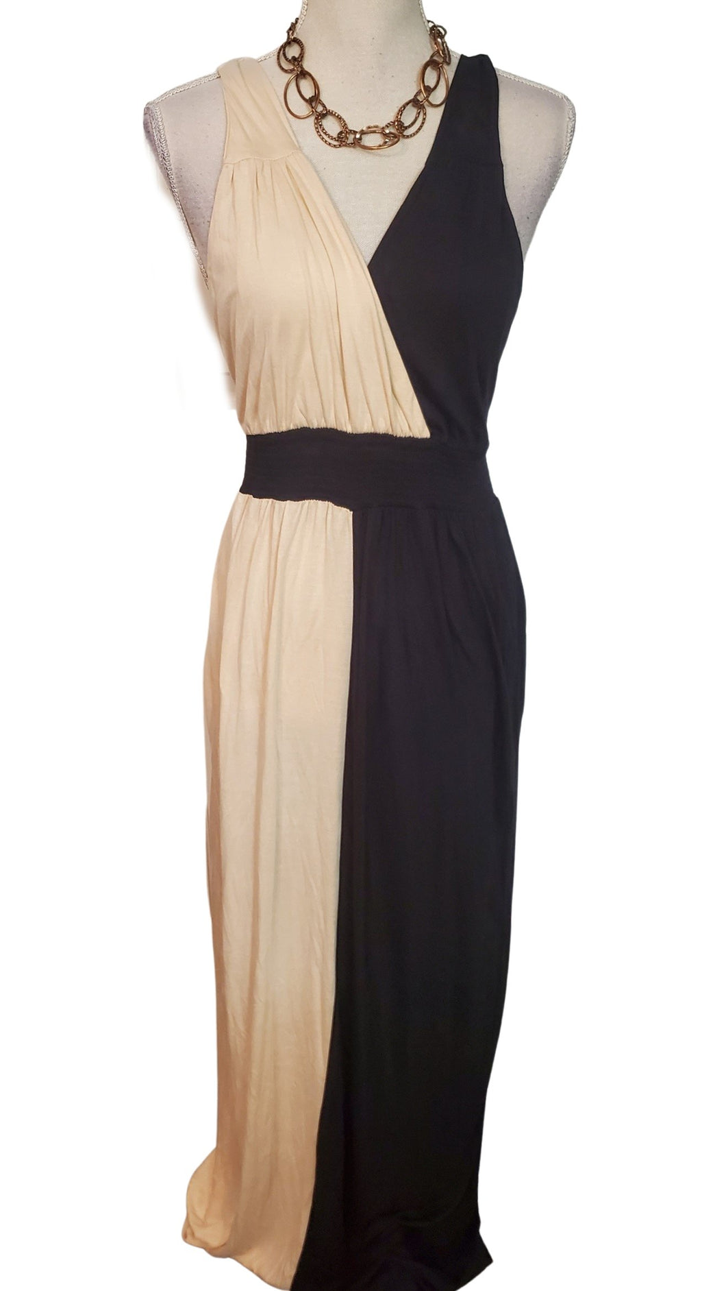 Long Color Blocked Peach and Black, Sleeveless Dress, Size Medium