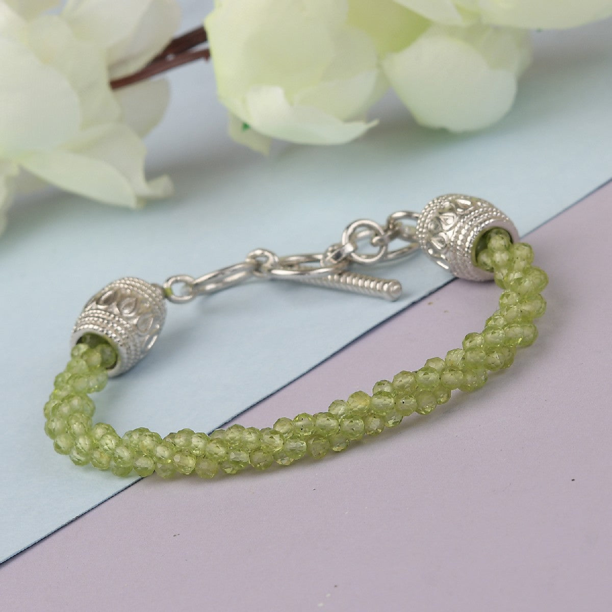 Handcrafted Peridot Beaded Toggle Clasp Bracelet in Platinum