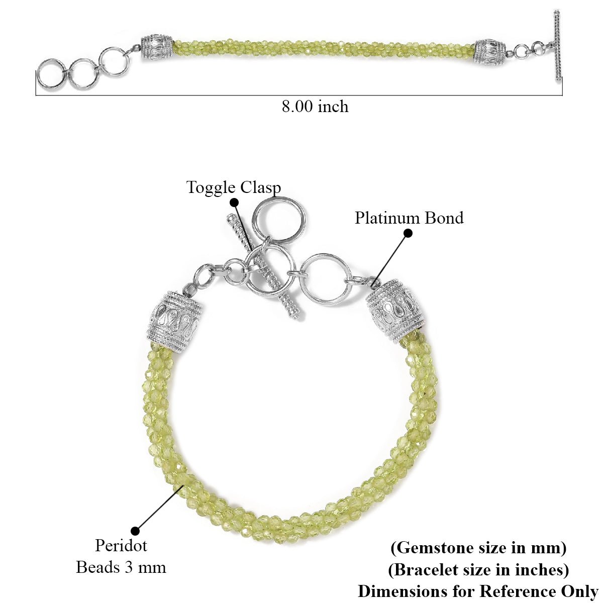 Handcrafted Peridot Beaded Toggle Clasp Bracelet in Platinum